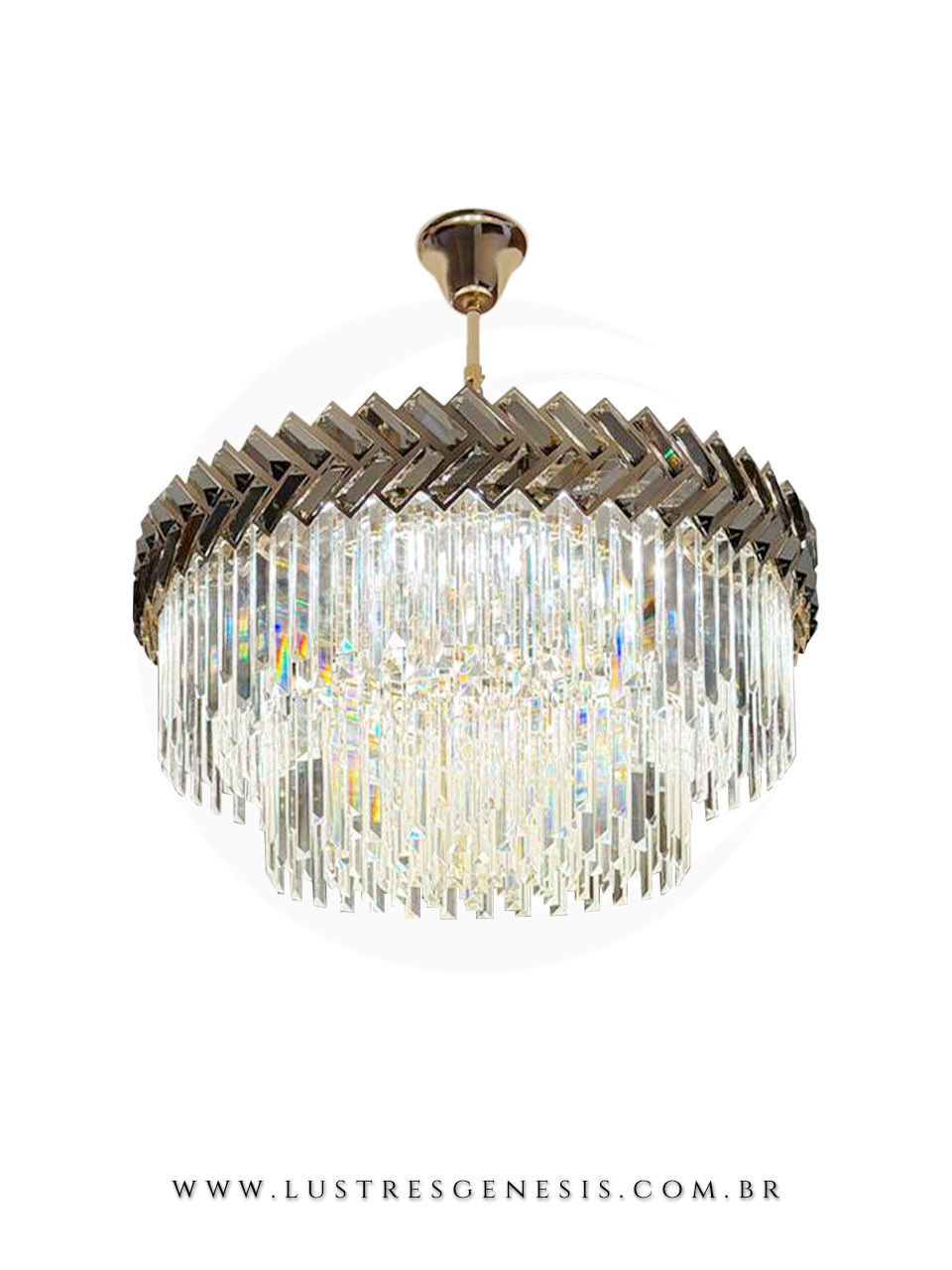 Lustre de Cristal Redondo &Oslash;80 Taip&eacute; instalado em sala de jantar contempor&acirc;nea.